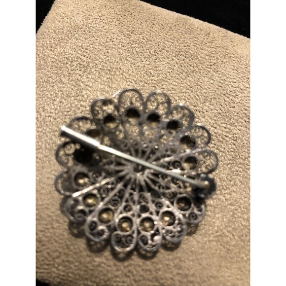 Vintage Oxidized Silver 925 Filigree Blooming Flower Dotted Round Pin Brooch - Picture 2 of 7